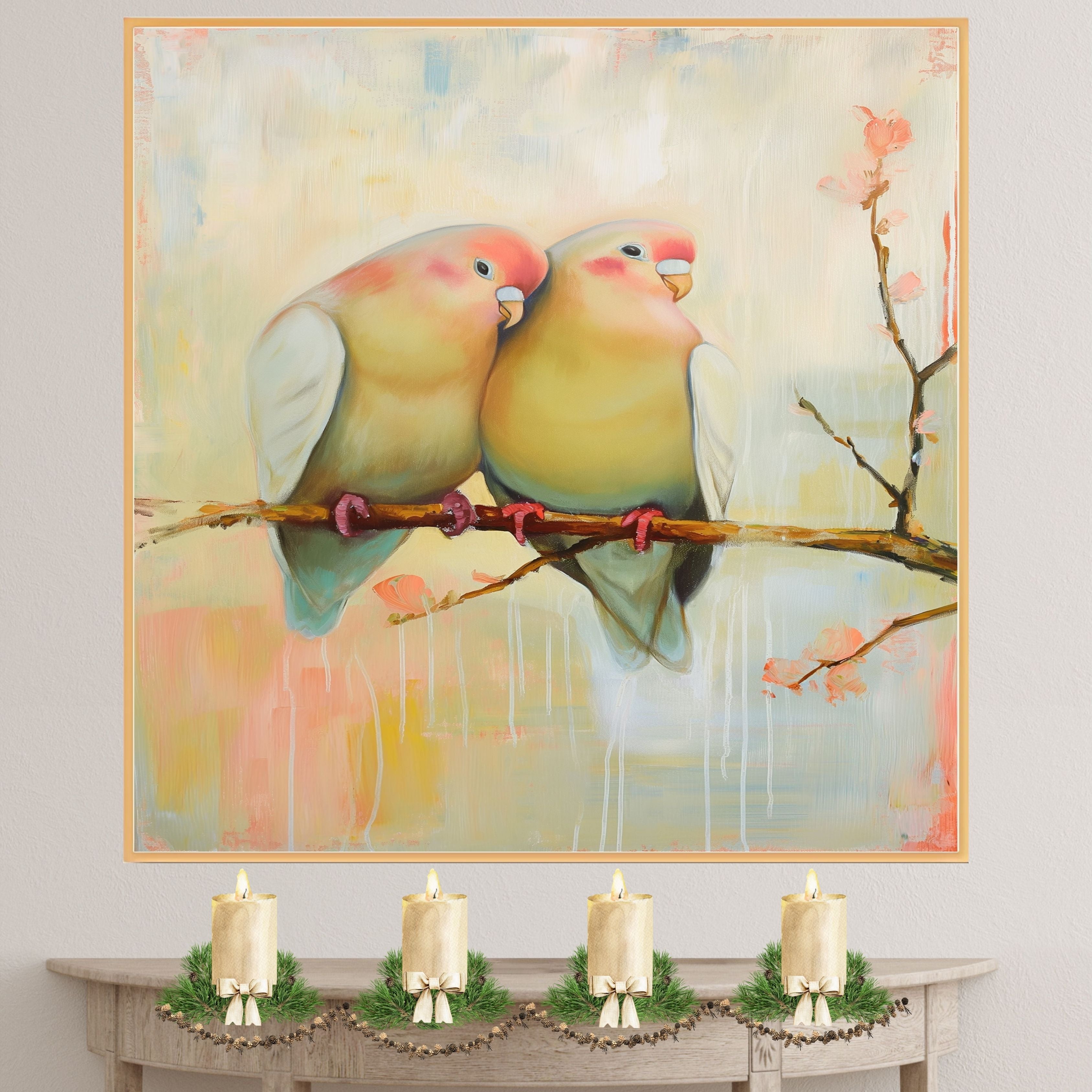 Charming Lovebirds Sitting Close on a Branch with Warm Pastel Floral Background on Ready to Hang 1.5" Thick Canvas Wrap, Floating Framed Canvas, Flat Rolled Canvas