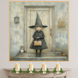 Whimsical Halloween Portrait of Little Witch Girl with Vintage Purse and Kitten on an Aged Porch, Subtle Spooky Charm in Soft Muted Autumn Tones on Ready to Hang 1.5" Thick Canvas Wrap, Floating Framed Canvas, Flat Rolled Canvas