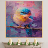 Cute Baby Bird in Rainbow Brushstrokes with Blue Pink and Yellow Feathers Sitting Calmly on a Branch Ideal for Whimsical and Artistic Wall Displays on Ready to Hang 1.5" Thick Canvas Wrap, Floating Framed Canvas, Flat Rolled Canvas