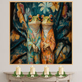Elegant Painting of Two Frogs in Floral Pajamas Sitting Together with Gentle Expressions on a Bold Botanical Background in Teal and Warm Orange Hues on Ready to Hang 1.5" Thick Canvas Wrap, Floating Framed Canvas, Flat Rolled Canvas
