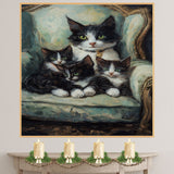 Regal Comfort: Tuxedo Cat Mom with Three Kittens on an Elegant European Sofa on Ready to Hang 1.5" Thick Canvas Wrap, Floating Framed Canvas, Flat Rolled Canvas