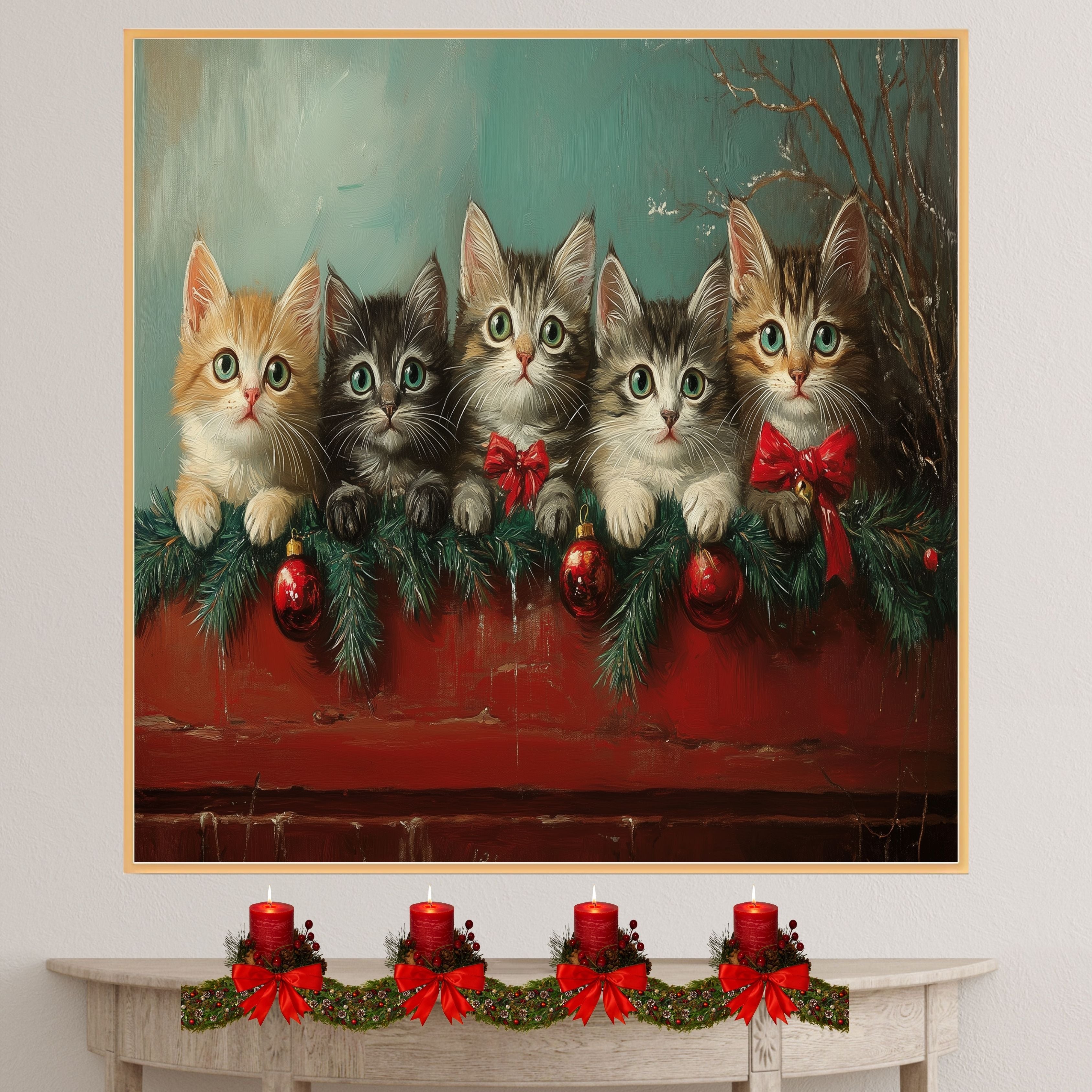 "Retro Christmas Charm: Five Adorable Kittens" Vintage-Style Holiday Scene on Ready to Hang 1.5" Thick Canvas Wrap, Floating Framed Canvas, Flat Rolled Canvas