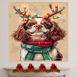 "Flurries of Joy" - Cavalier King Charles Dog with Lighted Antlers & Holiday Scarf in Snowfall, Ready to Hang 1.5" Thick Canvas Wrap, Floating Framed Canvas, Flat Rolled Canvas