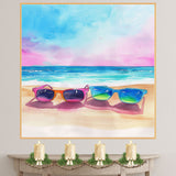 Colorful Sunglasses on Sandy Beach with Vibrant Ocean Waves and Pink Blue Sky in Watercolor Summer Coastal Illustration on Ready to Hang 1.5" Thick Canvas Wrap, Floating Framed Canvas, Flat Rolled Canvas