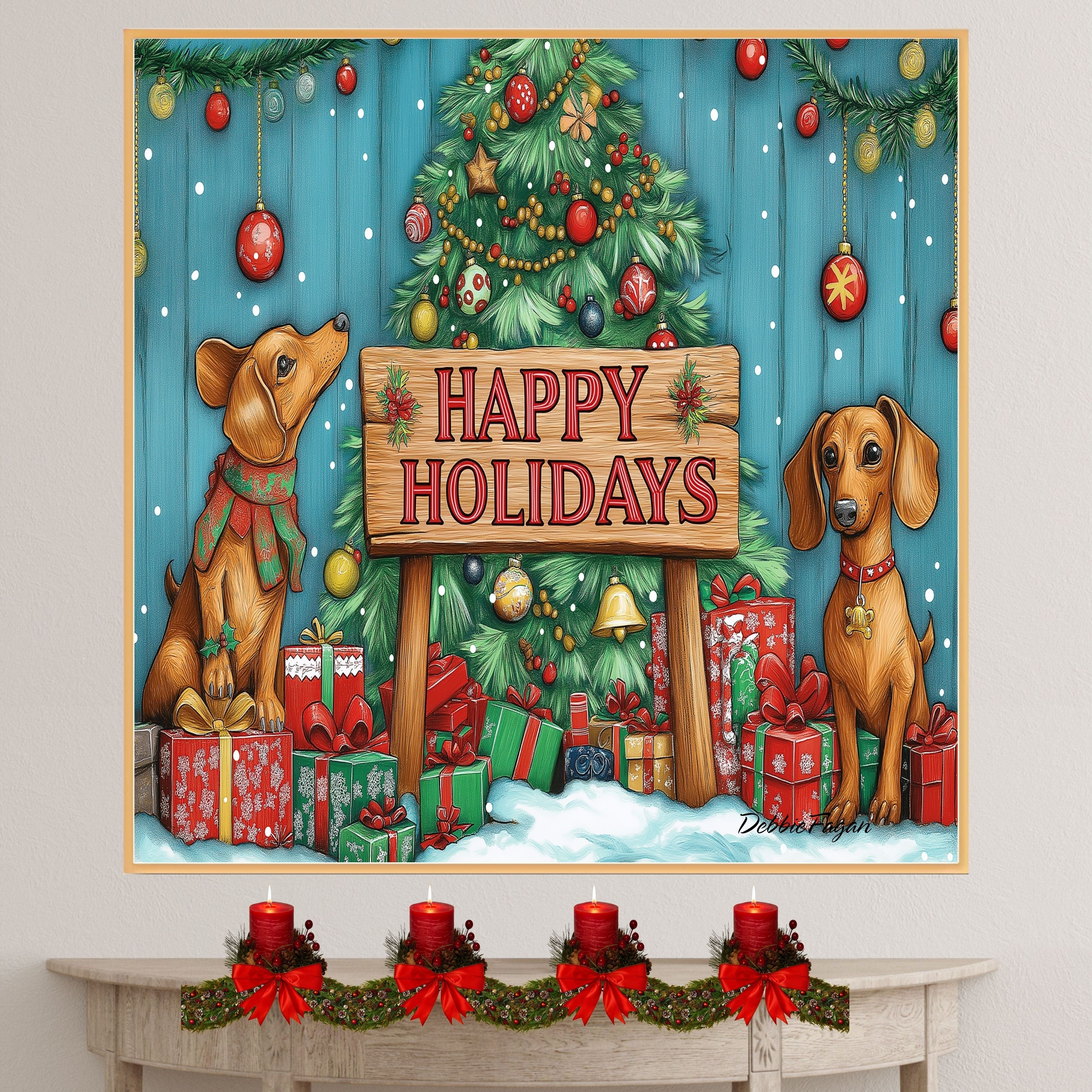 "Puppy Wonderland" - Adorable Puppies Playing in Winter Snow with Festive Christmas Trees and Presents on Ready to Hang 1.5" Thick Canvas Wrap, Floating Framed Canvas, Flat Rolled Canvas