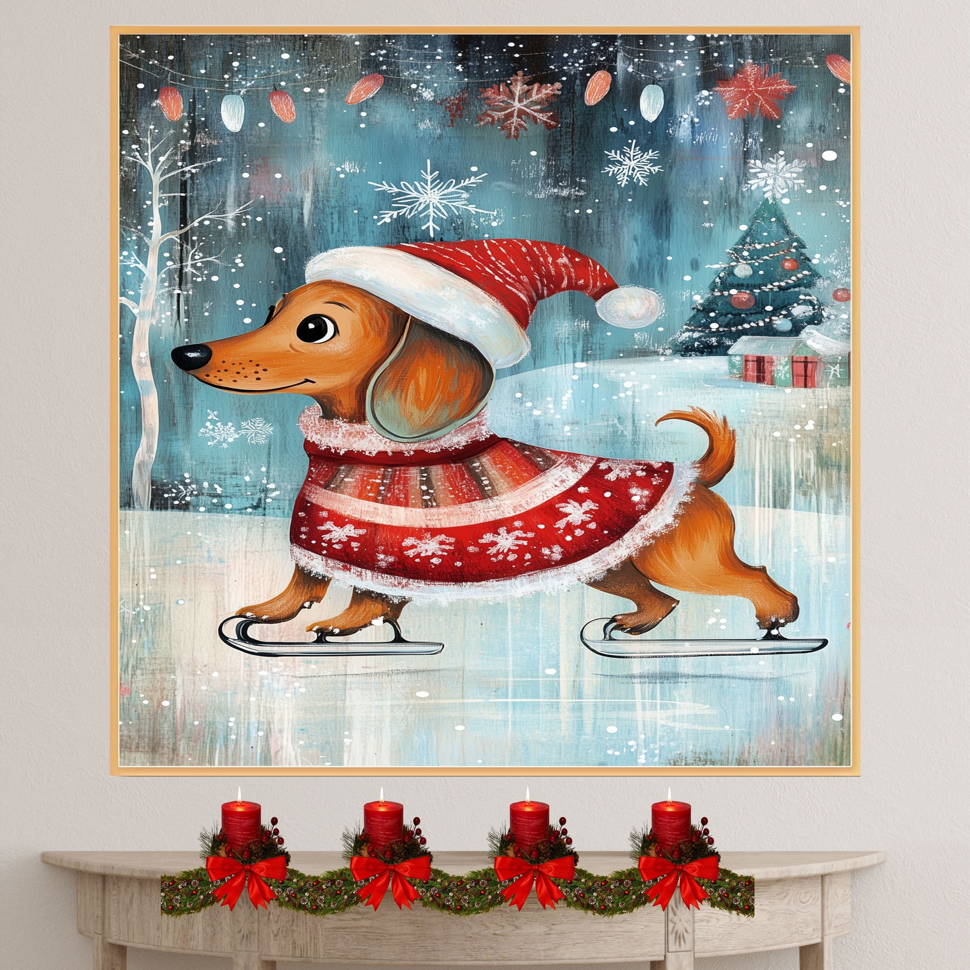 Adorable Christmas Dachshund Dog Ice Skating in Santa Hat and Festive Sweater Whimsical Holiday Art for Winter Pet Lovers and Seasonal Home Décor on Ready to Hang 1.5" Thick Canvas Wrap, Floating Framed Canvas, Flat Rolled Canvas