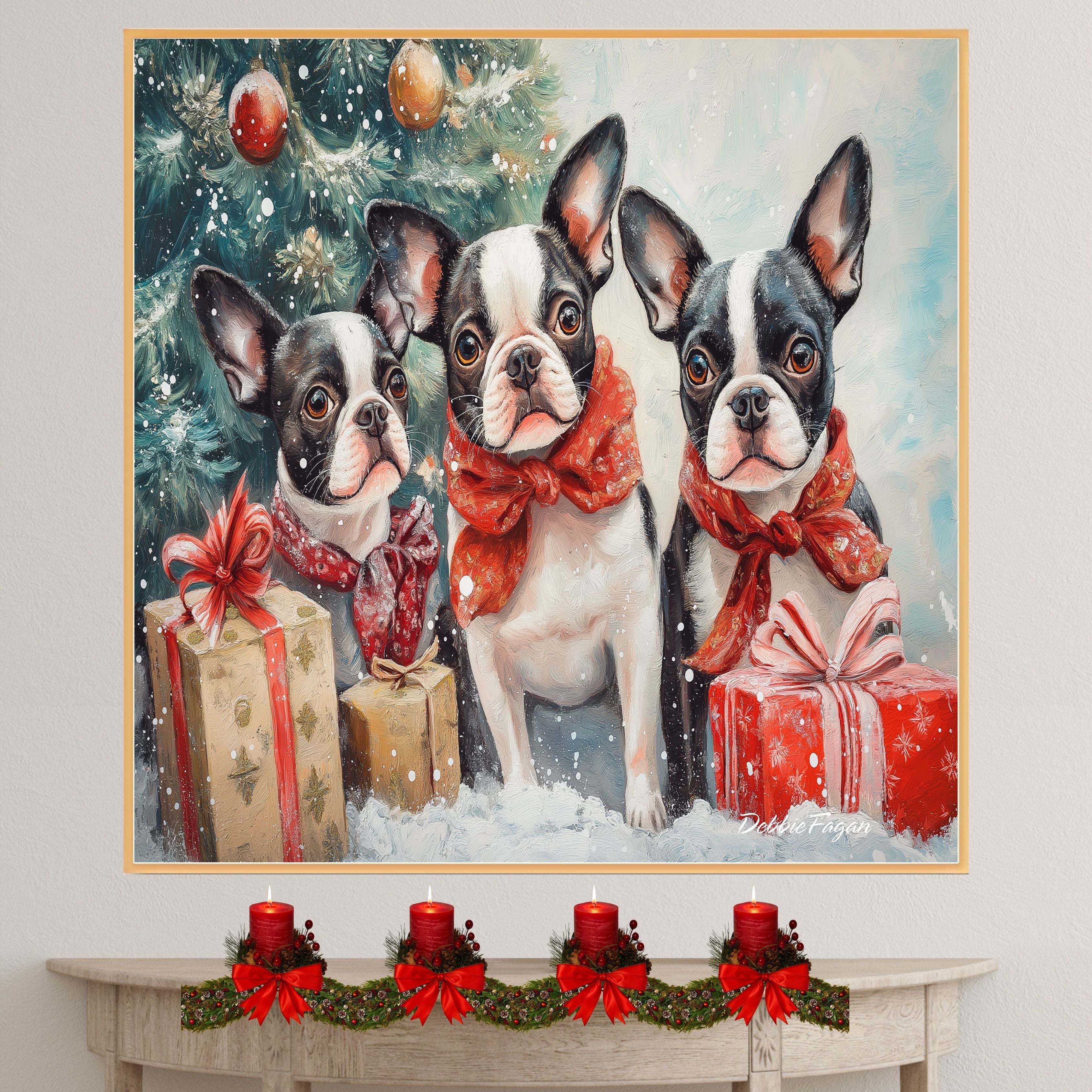 "Frenchie Winter Wonderland" - French Bulldogs Playing in the Snow Among Christmas Trees and Gifts on Ready to Hang 1.5" Thick Canvas Wrap, Floating Framed Canvas, Flat Rolled Canvas