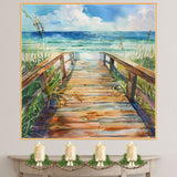 Sunlit Coastal Boardwalk Watercolor Painting – Beach Walkway to Turquoise Ocean with Seagrass on Ready to Hang 1.5" Thick Canvas Wrap, Floating Framed Canvas, Flat Rolled Canvas