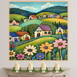 Peaceful Folk Art Canvas – Colorful Houses and Wildflowers on Rolling Green Hills with Forest Backdrop on Ready to Hang 1.5" Thick Canvas Wrap, Floating Framed Canvas, Flat Rolled Canvas