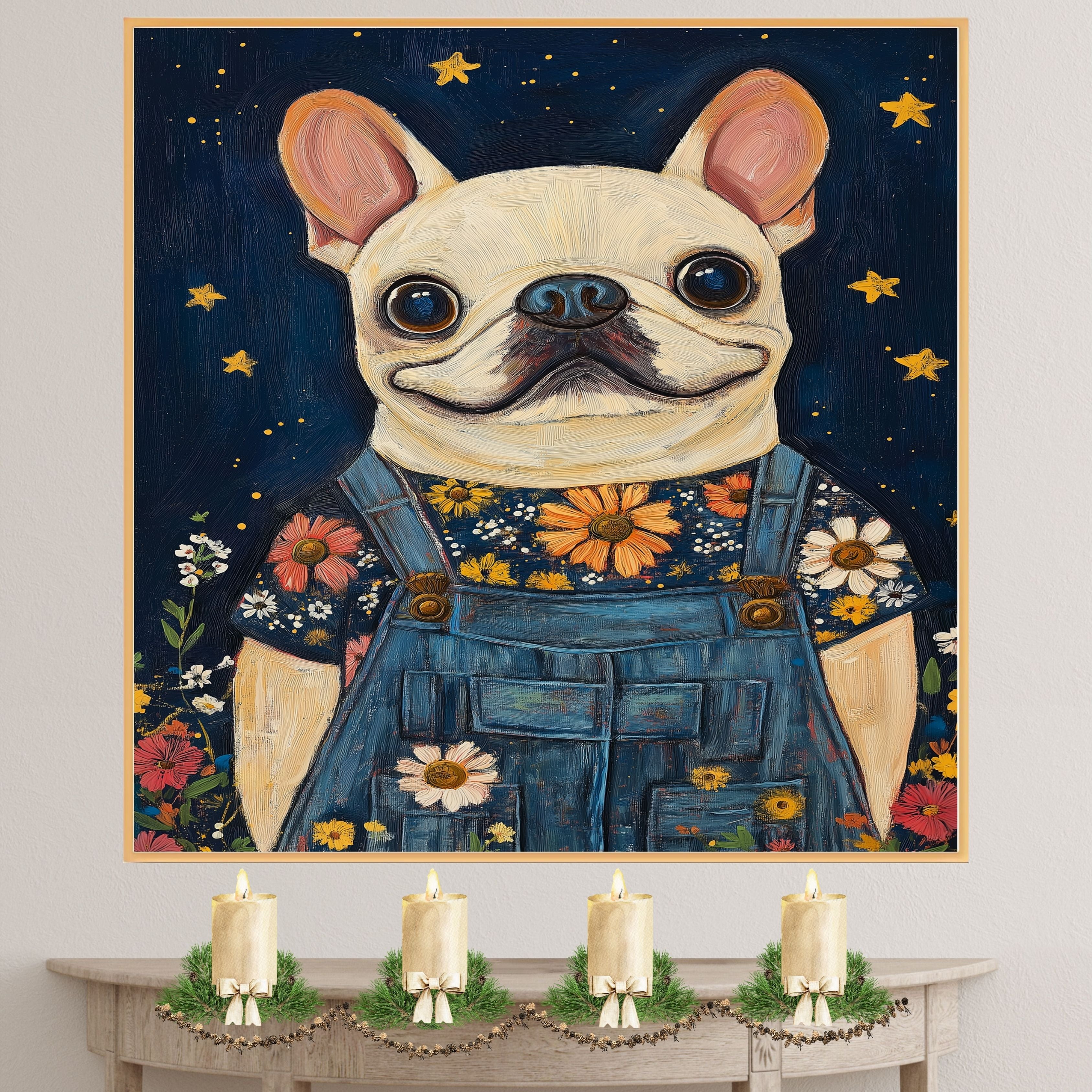 French Bulldog in Denim Overalls and Floral Shirt Dog Art for Nursery Farmhouse Bedroom Living Room Dog Lover Gift Whimsical Animal Decor on Ready to Hang 1.5" Thick Canvas Wrap, Floating Framed Canvas, Flat Rolled Canvas