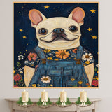 French Bulldog in Denim Overalls and Floral Shirt Dog Art for Nursery Farmhouse Bedroom Living Room Dog Lover Gift Whimsical Animal Decor on Ready to Hang 1.5" Thick Canvas Wrap, Floating Framed Canvas, Flat Rolled Canvas