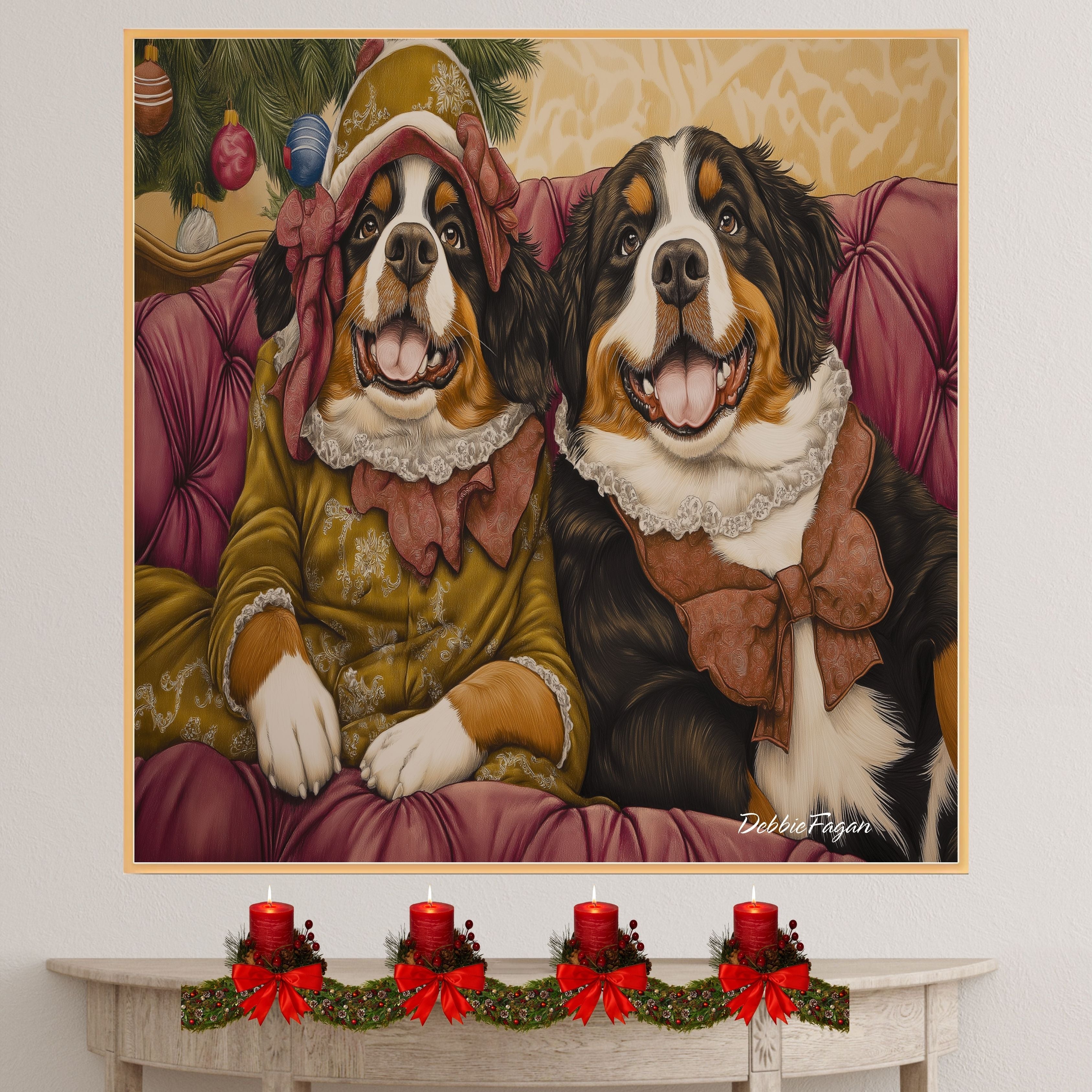 Christmas Canvas  - Bernese Elegance - Sophisticated Bernese Mountain Dogs Lounging on a Vintage Red Ornate Sofa on Ready to Hang 1.5" Thick Canvas Wrap, Floating Framed Canvas, Flat Rolled Canvas