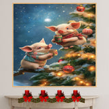 Two Baby Piglets in Cozy Scarves Holding Cocoa on Snowy Christmas Tree with Ornaments and Lights Holiday Art Print for Nursery or Festive Winter Decor on Ready to Hang 1.5" Thick Canvas Wrap, Floating Framed Canvas, Flat Rolled Canvas