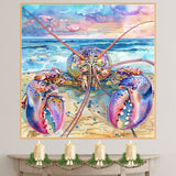 Watercolor Painting of a Colorful Lobster Facing Ocean Waves Under a Vibrant Coastal Sky at Sunset on Ready to Hang 1.5" Thick Canvas Wrap, Floating Framed Canvas, Flat Rolled Canvas