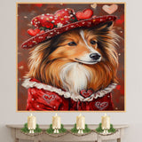 Regal Charm: Shetland Sheepdog in a Bold Red Suit and Hat on Ready to Hang 1.5" Thick Canvas Wrap, Floating Framed Canvas, Flat Rolled Canvas