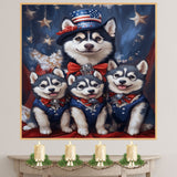 Stars & Paws: Siberian Husky Mom with Three Puppies in a Patriotic Scene - Heartfelt American-Themed Painting on Ready to Hang 1.5" Thick Canvas Wrap, Floating Framed Canvas, Flat Rolled Canvas