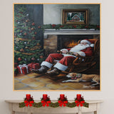 Heartwarming Christmas Painting of Santa Relaxing by Fireplace with Tree, Gifts, and Cats in Cozy Holiday Setting on Ready to Hang 1.5" Thick Canvas Wrap, Floating Framed Canvas, Flat Rolled Canvas