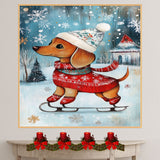 Whimsical Dachshund Dog Ice Skating in Red Holiday Sweater and Festive Hat Adorable Winter Christmas Art for Dog Lovers and Seasonal Home Décor on Ready to Hang 1.5" Thick Canvas Wrap, Floating Framed Canvas, Flat Rolled Canvas