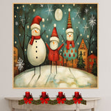 Christmas Folk Art with Three Joyful Snowmen, Falling Snowflakes, Festive Hats, and a Cheerful Winter Village on Ready to Hang 1.5" Thick Canvas Wrap, Floating Framed Canvas, Flat Rolled Canvas