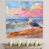 Watercolor Seagull Standing on Shore with Sunset Sky and Waves in a Vibrant Coastal Scene on Ready to Hang 1.5" Thick Canvas Wrap, Floating Framed Canvas, Flat Rolled Canvas