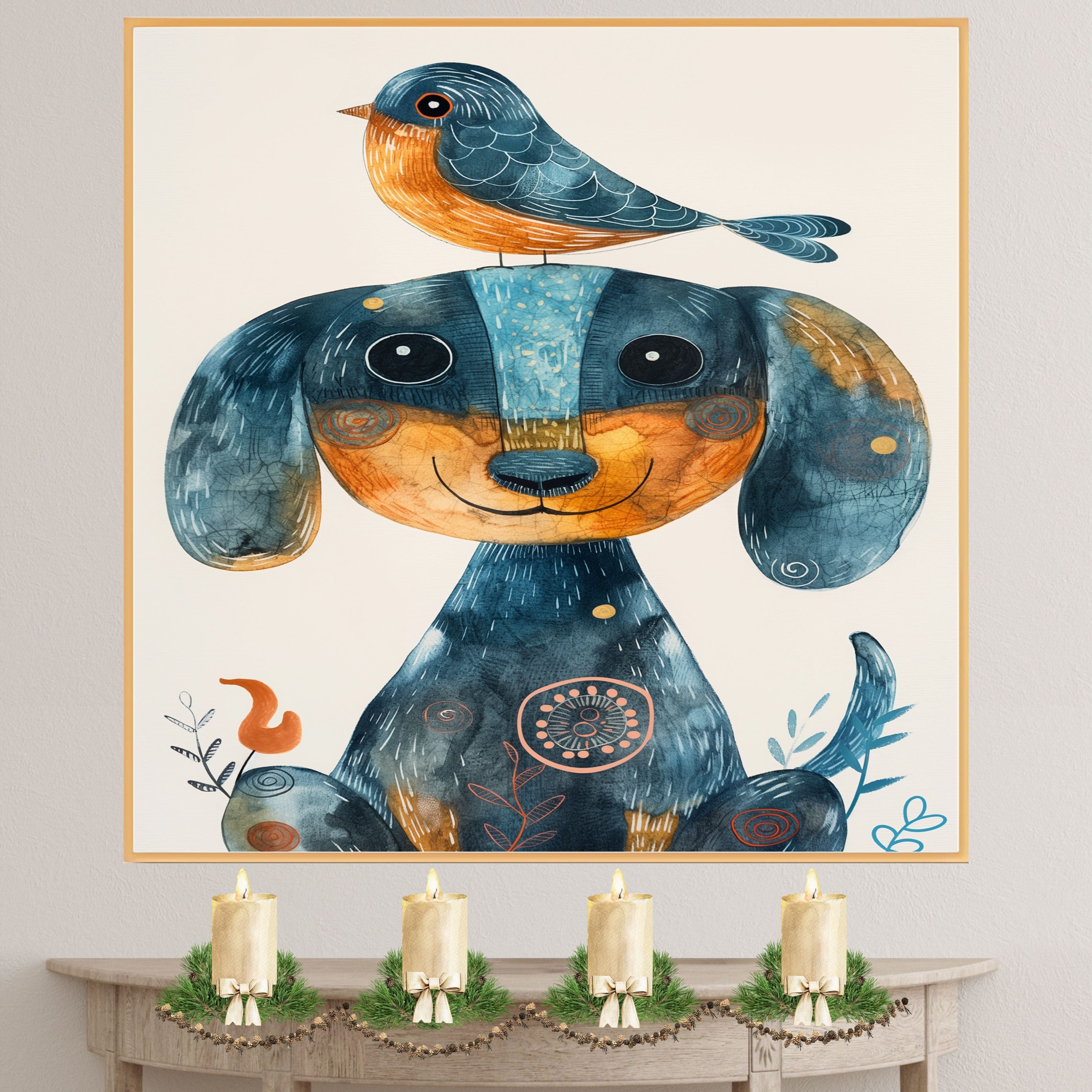 Whimsical Dachshund Dog with Blue Bird on Head Colorful Folk Style Animal Illustration for Kids Room or Nursery Perfect for Dog and Bird Art Lovers