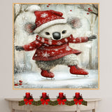 Whimsical Christmas Koala Bear Ice Skating in Red Sweater and Santa Hat – Adorable Winter Animal Illustration for Holiday Decor, Gifts, or Nursery Art on Ready to Hang 1.5" Thick Canvas Wrap, Floating Framed Canvas, Flat Rolled Canvas