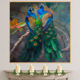 Elegant Peacock Pair Artwork Featuring Lush Green and Blue Feathers with Golden Accents Perched Gracefully Against a Soft Misty Forest Background on Ready to Hang 1.5" Thick Canvas Wrap, Floating Framed Canvas, Flat Rolled Canvas