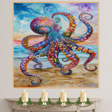 Watercolor Painting of a Vivid Multicolored Octopus on the Beach with Bright Tentacles and Coastal Ocean Background on Ready to Hang 1.5" Thick Canvas Wrap, Floating Framed Canvas, Flat Rolled Canvas