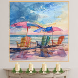 Watercolor Painting of Beach Chairs & Umbrellas by the Shore – Coastal Scene on Ready to Hang 1.5" Thick Canvas Wrap, Floating Framed Canvas, Flat Rolled Canvas