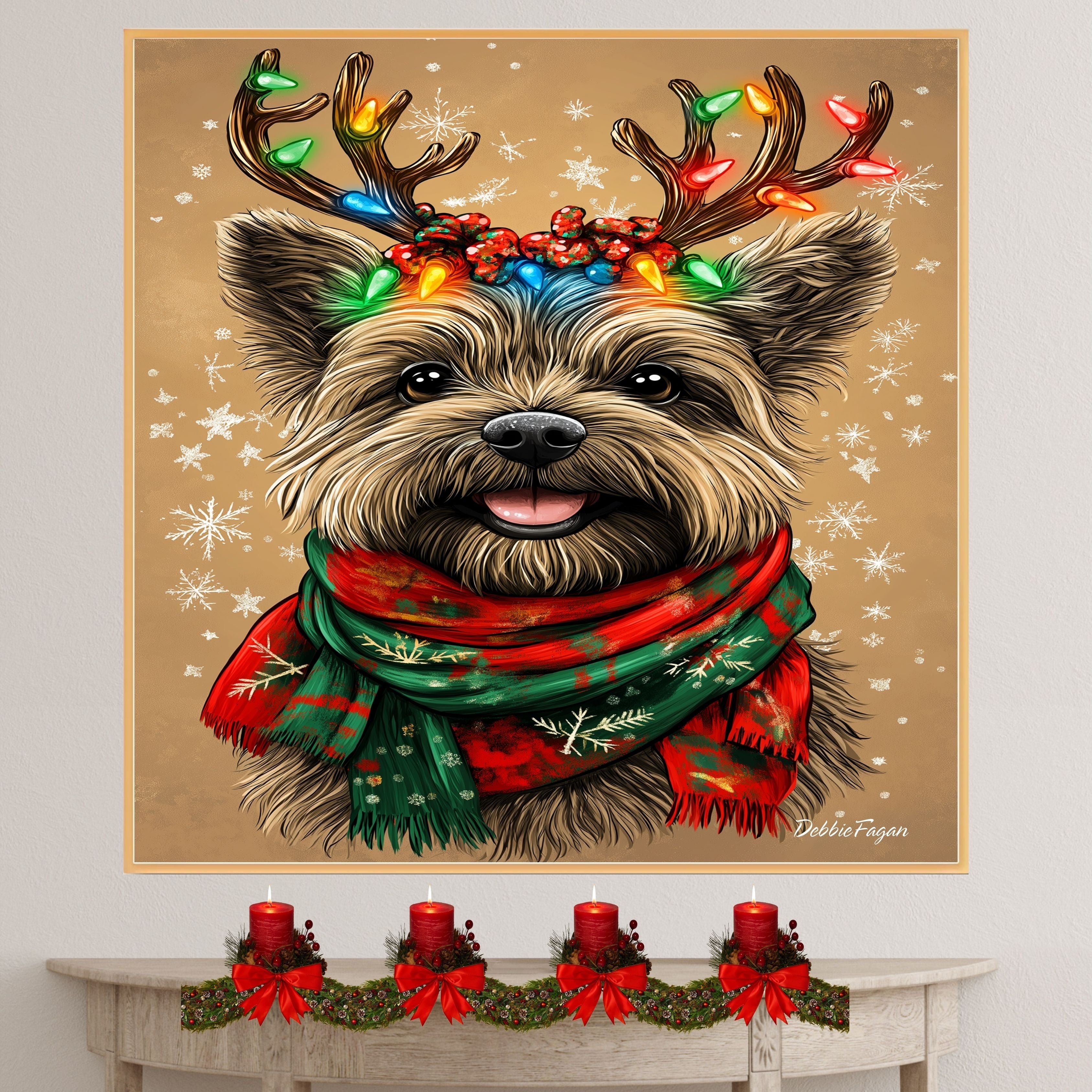 "Snowy Paws" - Cairn Terrier Dog with Lighted Antlers & Festive Scarf on Rustic Background with Snowflakes, Ready to Hang 1.5" Thick Canvas Wrap, Floating Framed Canvas, Flat Rolled Canvas