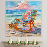 Watercolor Painting of Patterned Beach Chair with Towels Sunglasses and Bags on Shoreline at Sunset with Ocean Waves on Ready to Hang 1.5" Thick Canvas Wrap, Floating Framed Canvas, Flat Rolled Canvas