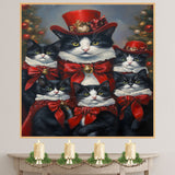 Festive Whiskers: Tuxedo Cat Mom with Five Kittens Adorned in Red Ribbons on Ready to Hang 1.5" Thick Canvas Wrap, Floating Framed Canvas, Flat Rolled Canvas
