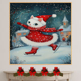 Christmas Wall Art Featuring White Cat Ice Skating in Red Snowflake Outfit Whimsical Holiday Illustration for Cozy Winter Decor and Animal Lovers on Ready to Hang 1.5" Thick Canvas Wrap, Floating Framed Canvas, Flat Rolled Canvas