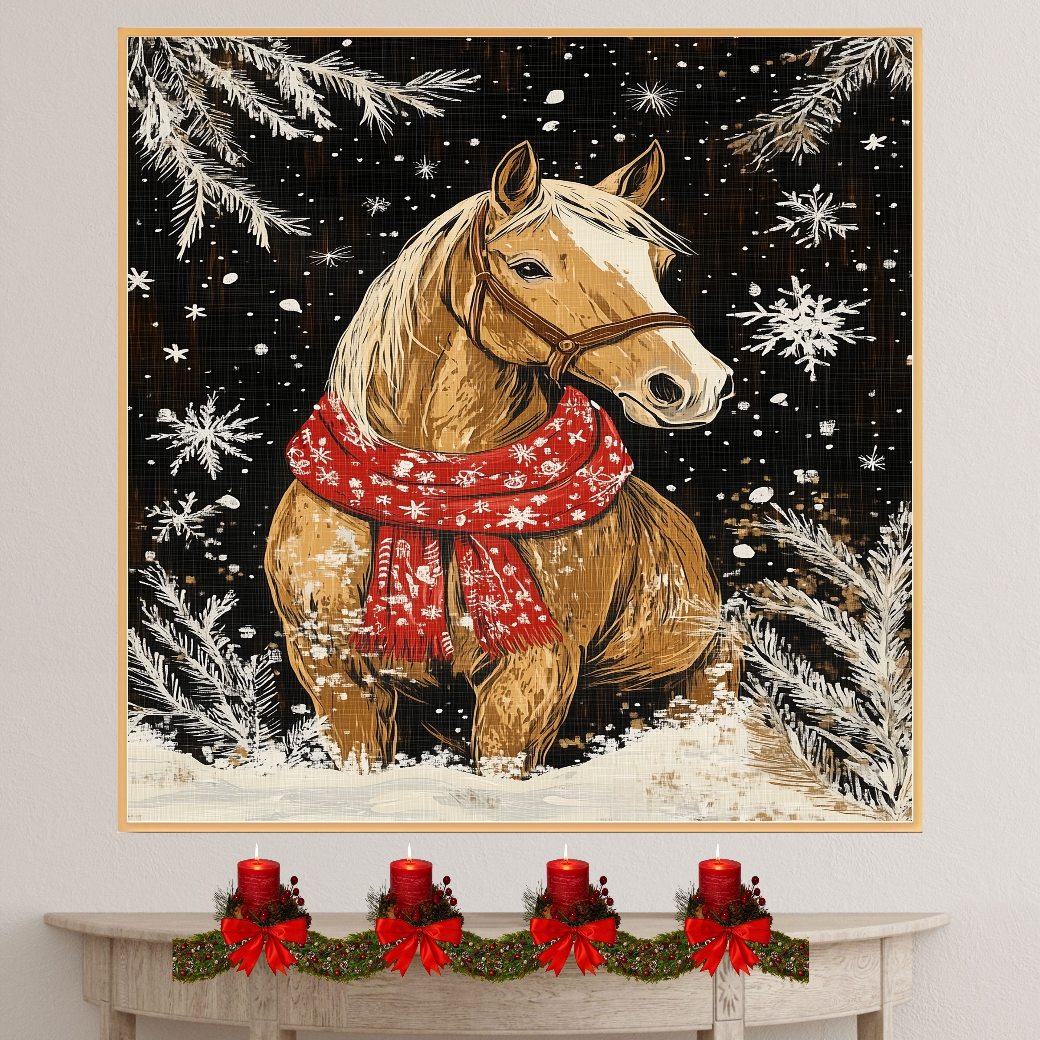 "Snowy Elegance Horse" - Horse in Red Scarf Amidst Winter Snow on Ready to Hang 1.5" Thick Canvas Wrap, Floating Framed Canvas, Flat Rolled Canvas