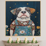 Charming Dog in Overalls and Floral Shirt Under Starry Sky Whimsical Dog Art Farmhouse Nursery Living Room Decor Perfect for Dog Lovers and Gift Ideas on Ready to Hang 1.5" Thick Canvas Wrap, Floating Framed Canvas, Flat Rolled Canvas
