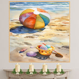 Watercolor Painting of a Colorful Beach Ball with Bucket Shells and Shovel on Sandy Shore Beside Ocean Waves on Ready to Hang 1.5" Thick Canvas Wrap, Floating Framed Canvas, Flat Rolled Canvas