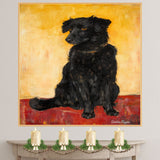 Playful Black Dog Portrait with Yellow Background – Bold Gustav Klimt-Inspired Oil Style Painting on Ready to Hang 1.5" Thick Canvas Wrap, Floating Framed Canvas, Flat Rolled Canvas