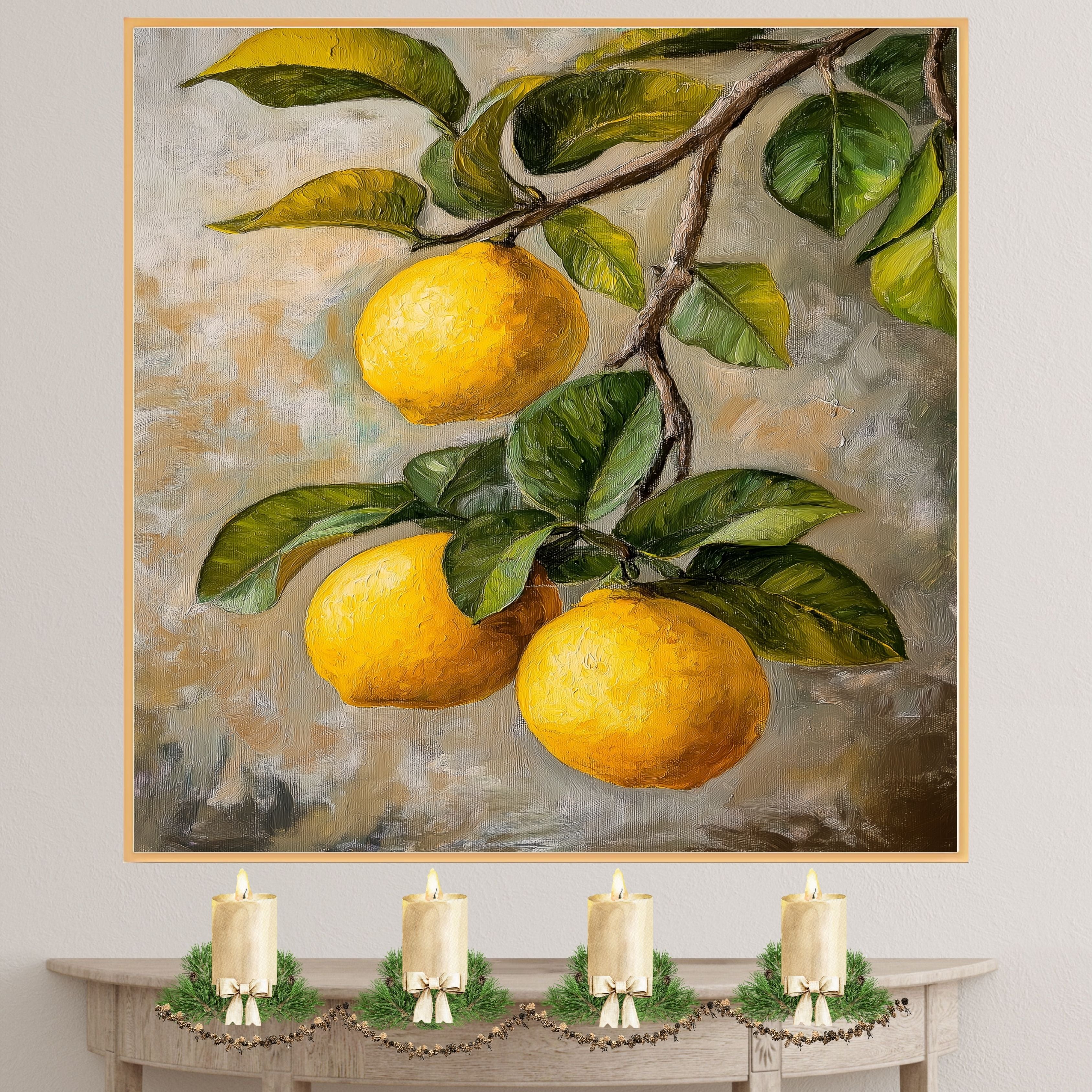 Close-Up Lemons on Branch with Leaves Vintage Botanical Style Illustration for Kitchen or Dining Room Rustic Farmhouse Citrus Fruit Art Print