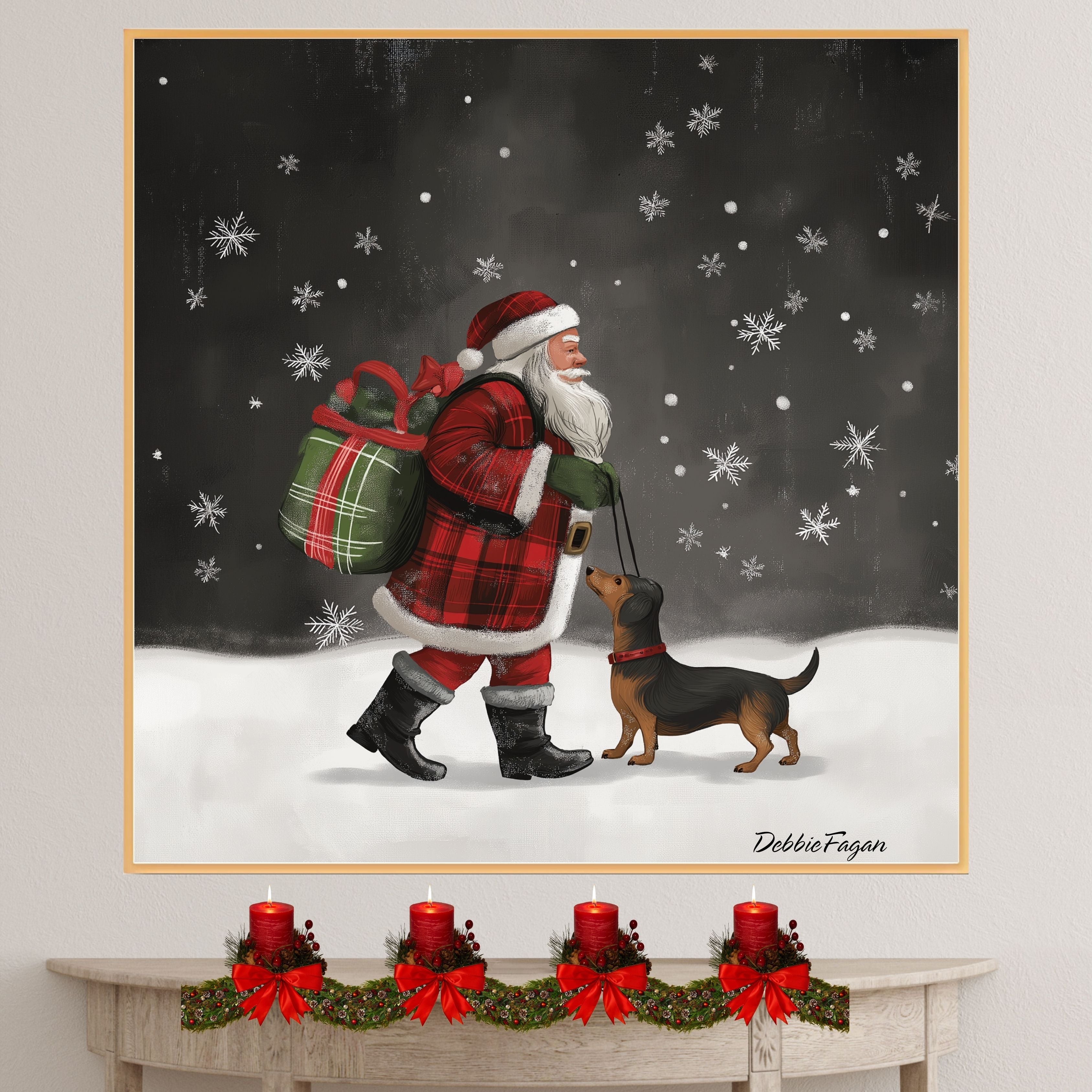 Doxie Christmas Canvas  - "Snowy Adventure" - Dachshund and Santa in The Winter Snow on Ready to Hang 1.5" Thick Canvas Wrap, Floating Framed Canvas, Flat Rolled Canvas