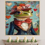 Whimsical Romance: Green Frog in a Victorian-Era European Suit and Hat Charming Heartfelt Artwork on Ready to Hang 1.5" Thick Canvas Wrap, Floating Framed Canvas, Flat Rolled Canvas