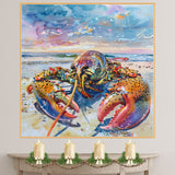 Watercolor Painting of a Colorful Lobster on the Beach with Ocean Waves and Vibrant Sky in Coastal Nautical Style on Ready to Hang 1.5" Thick Canvas Wrap, Floating Framed Canvas, Flat Rolled Canvas