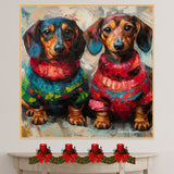 Dachshund Christmas Canvas - "Wiener Doxie Duo Charm" - Cozy Sweater Pair on Abstract Oil-Style Background on Ready to Hang 1.5" Thick Canvas Wrap, Floating Framed Canvas, Flat Rolled Canvas