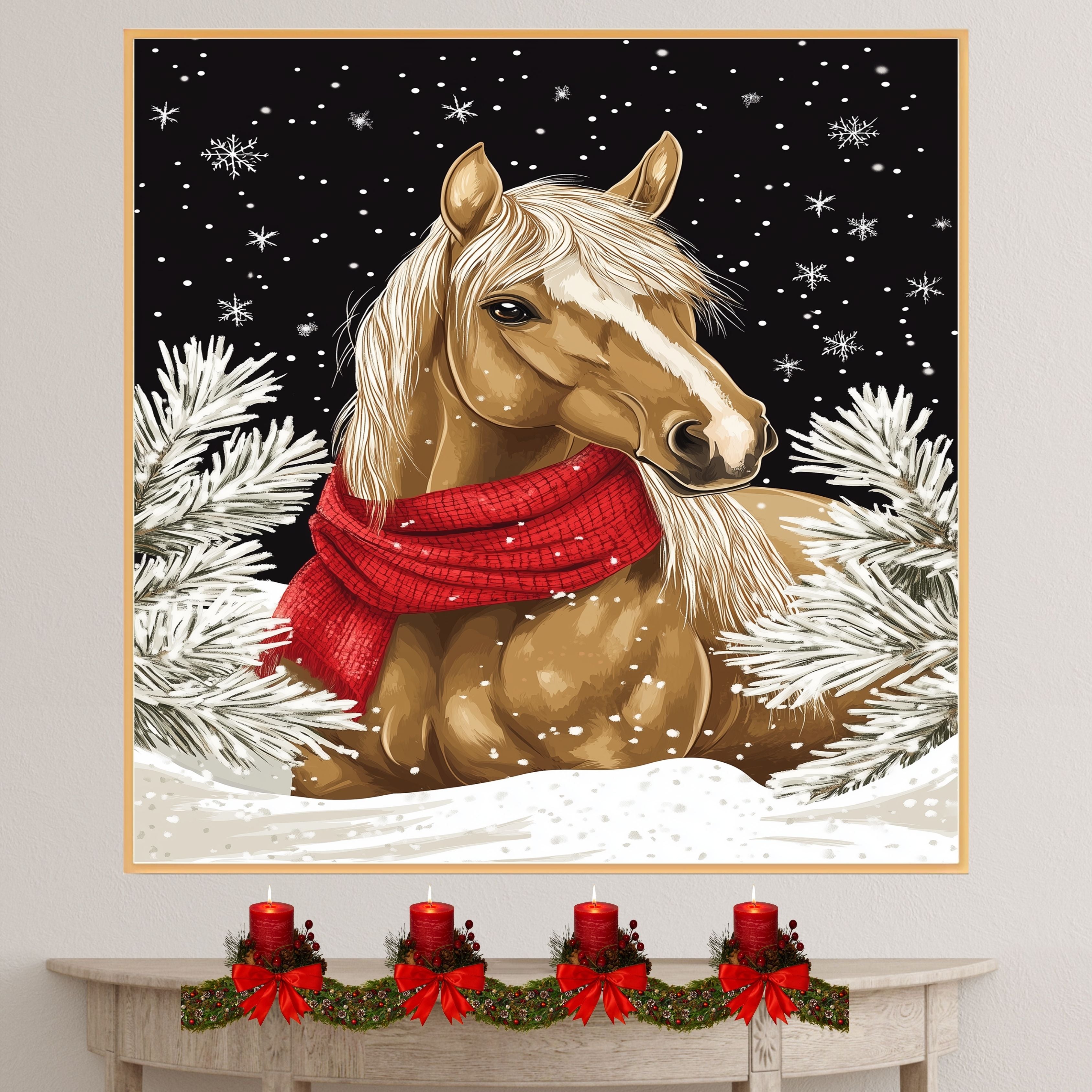 "Winter Whisper Horse" - Horse in Red Scarf in Serene Snowy Landscape on Ready to Hang 1.5" Thick Canvas Wrap, Floating Framed Canvas, Flat Rolled Canvas