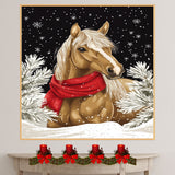 "Winter Whisper Horse" - Horse in Red Scarf in Serene Snowy Landscape on Ready to Hang 1.5" Thick Canvas Wrap, Floating Framed Canvas, Flat Rolled Canvas