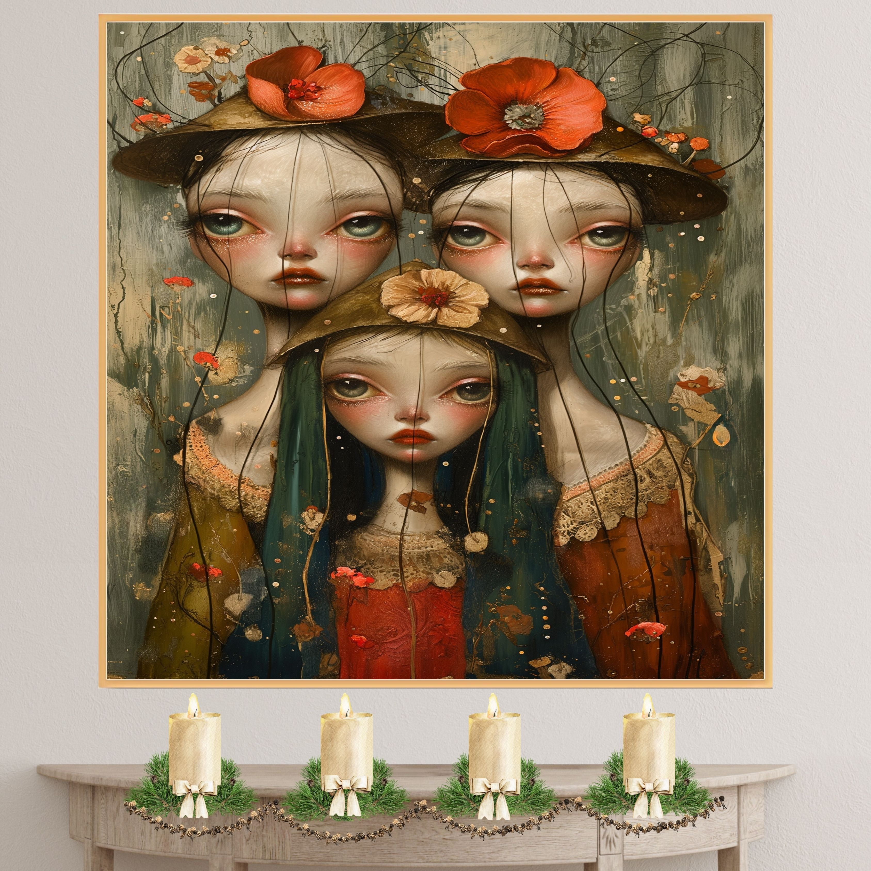 Dreamy Trio of Girls with Floral Hats Hand Painted Art Emotional and Delicate Perfect for Home Wall Decor Living Room Bedroom Office or Unique Gift Idea on Ready to Hang 1.5" Thick Canvas Wrap, Floating Framed Canvas, Flat Rolled Canvas