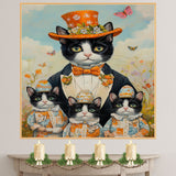Whimsical Easter Charm: Tuxedo Cat Mom and Three Kittens in Festive Egg Hats on Ready to Hang 1.5" Thick Canvas Wrap, Floating Framed Canvas, Flat Rolled Canvas