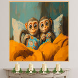 Adorable Painting of Two Monkeys Snuggled Under a Blanket Holding Pillows with Big Eyes and Sweet Expressions in a Cozy Bedroom Setting on Ready to Hang 1.5" Thick Canvas Wrap, Floating Framed Canvas, Flat Rolled Canvas