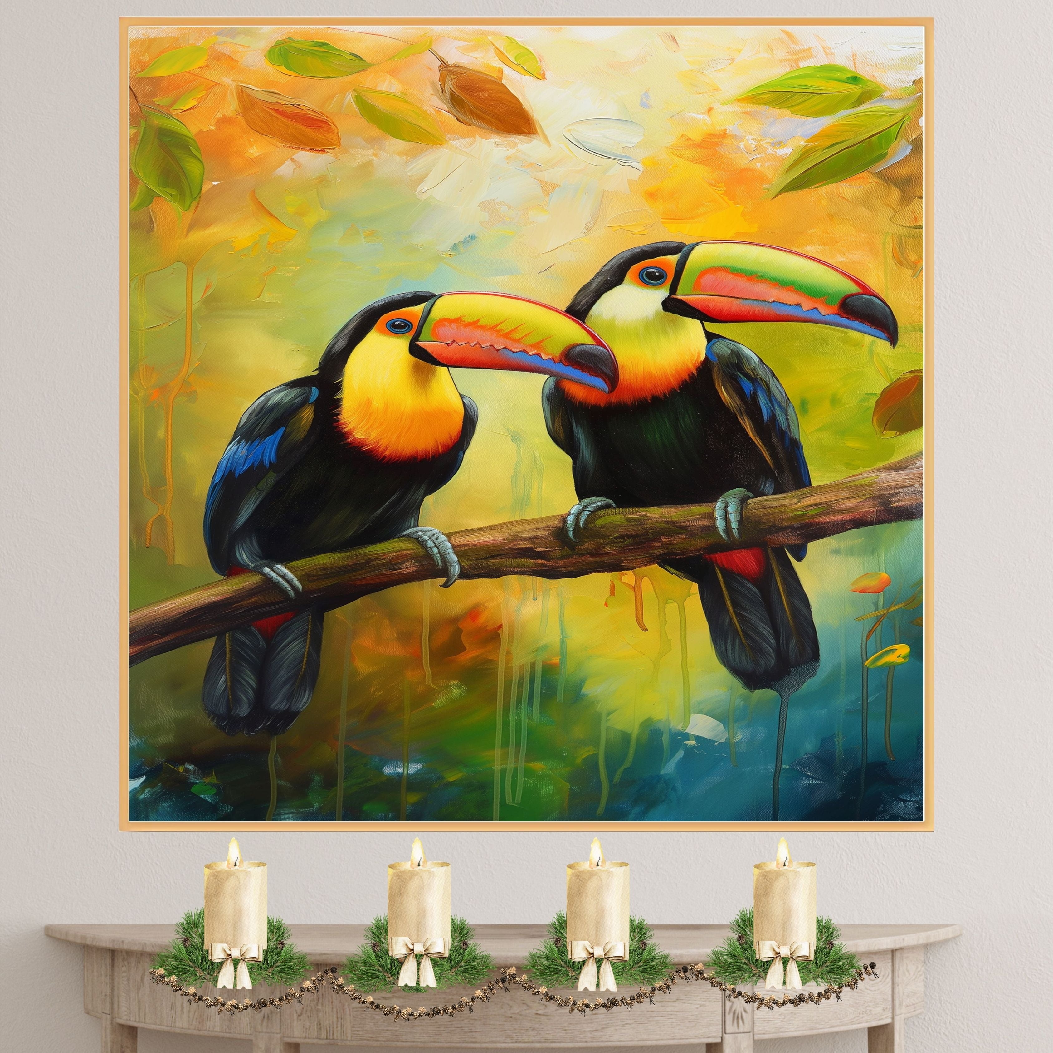 Colorful Toucan Pair with Rainbow Beaks on Tree Branch in a Tropical Setting Surrounded by Autumn Leaves and a Golden Jungle Background on Ready to Hang 1.5" Thick Canvas Wrap, Floating Framed Canvas, Flat Rolled Canvas