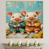 Joyful Painting of Two Cute Piglets in Bright Floral Pajamas Sitting Happily with Playful Expressions in a Textured Whimsical Style on Ready to Hang 1.5" Thick Canvas Wrap, Floating Framed Canvas, Flat Rolled Canvas