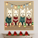 Dog Christmas Canvas  - "Highland Holiday Joy" - West Highland Terriers in Festive Sweaters with Christmas Lights on Ready to Hang 1.5" Thick Canvas Wrap, Floating Framed Canvas, Flat Rolled Canvas